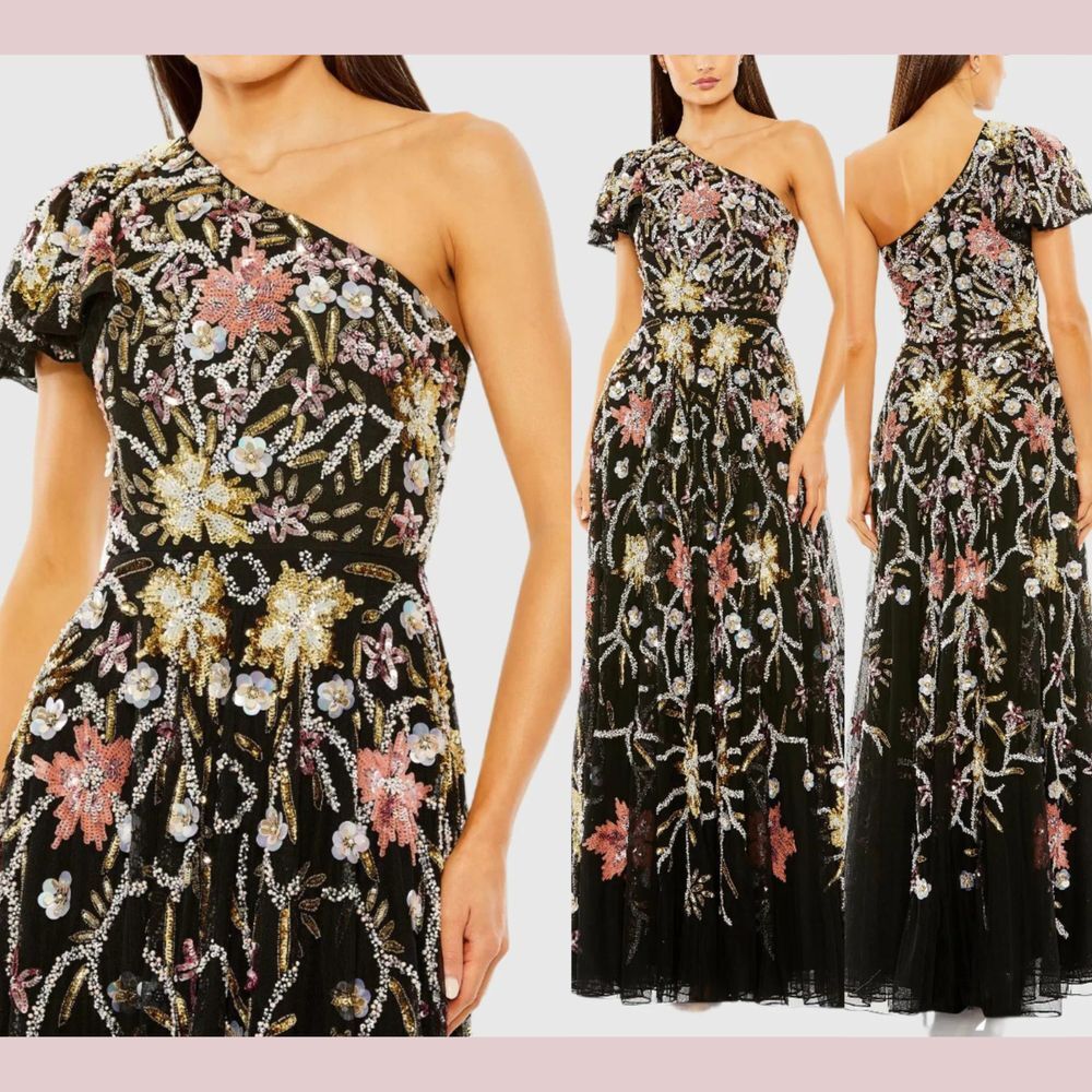 NWT $698‎ Mac Duggal [ 14 ] 6134 One Shoulder Beaded Floral Gown Black